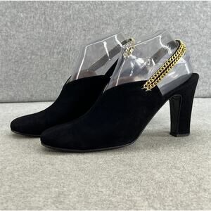 Mikelos Vintage 60s Suede  Gold Chain Slingback Mule Heel -Greece-Black -Women 8